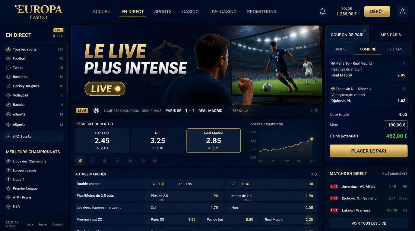Action directe en live, cotes bougeant en temps réel