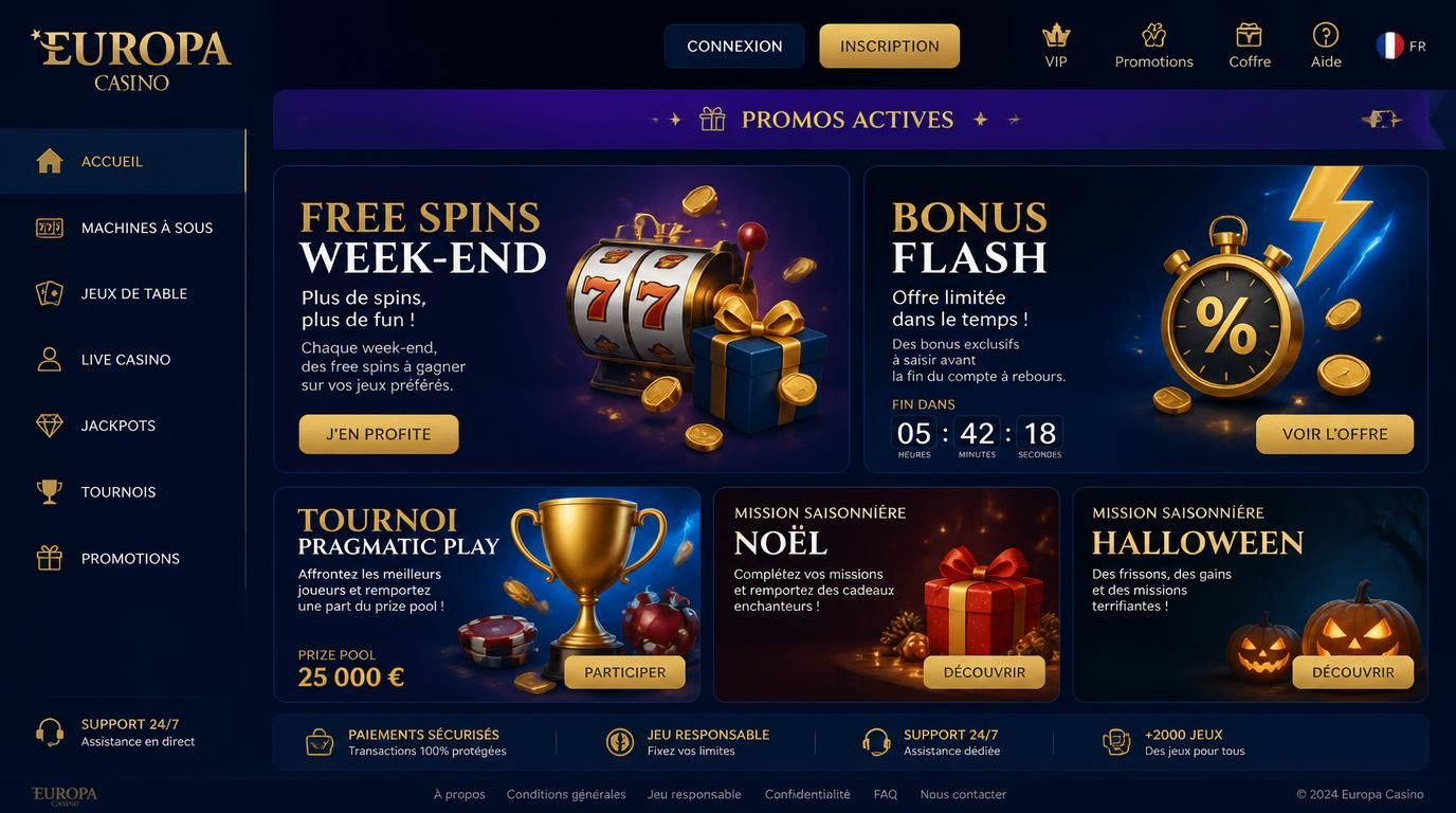 Bandeau promotions variées free spins, offres flash, tournois.