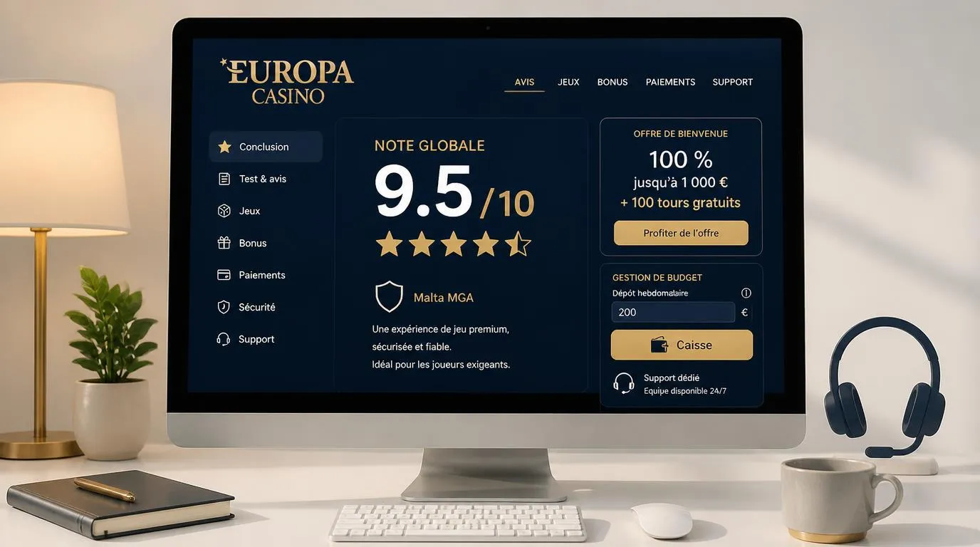 Interface de casino affichant une note de 9,5 sur 10, une licence MGA et un accĂšs Ă la caisse