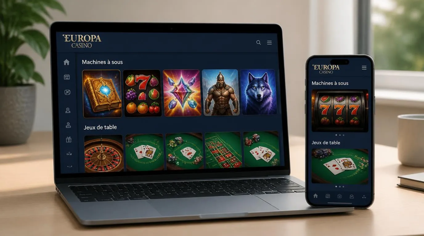 Ordinateur et smartphone affichant des machines à sous et un jeu de table dans des interfaces adaptées