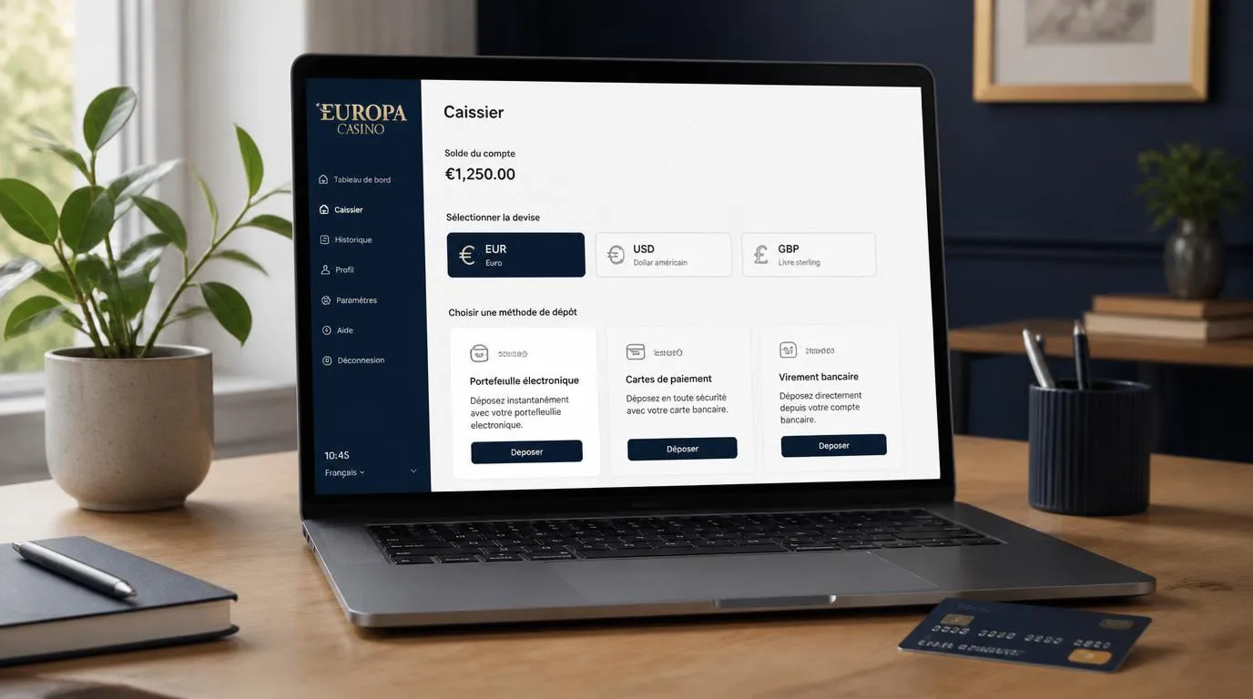 Interface de caisse avec choix EUR, USD et GBP, cartes de paiement et option de virement bancaire