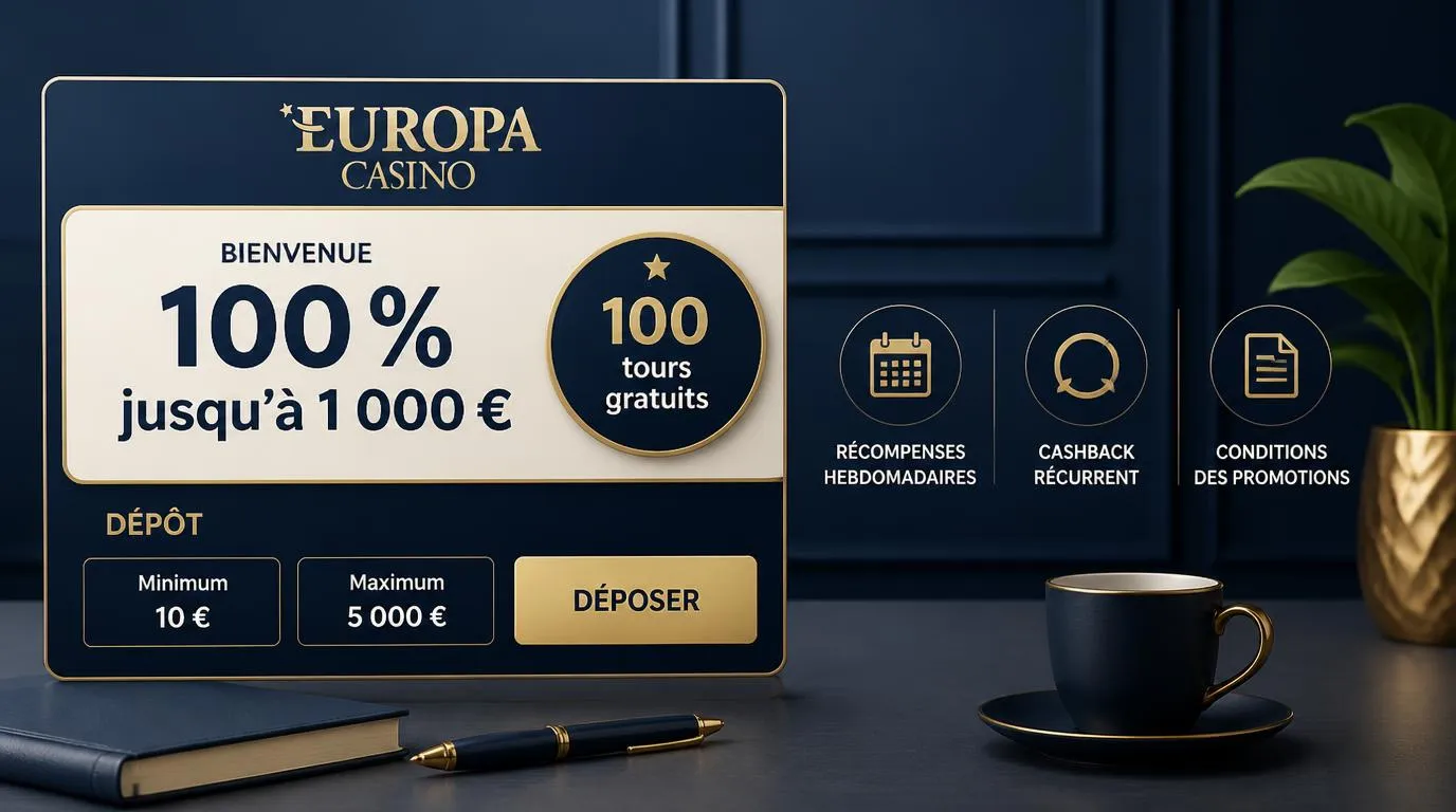 Interface de bonus affichant 100 % jusquâĂ 1 000 âŹ, 100 tours gratuits et les limites de dĂ©pĂŽt