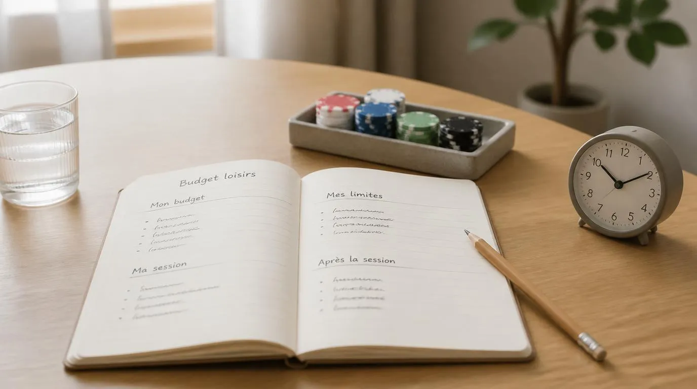 Carnet de budget et horloge sur un bureau, avec des jetons de casino rangés à cÎté
