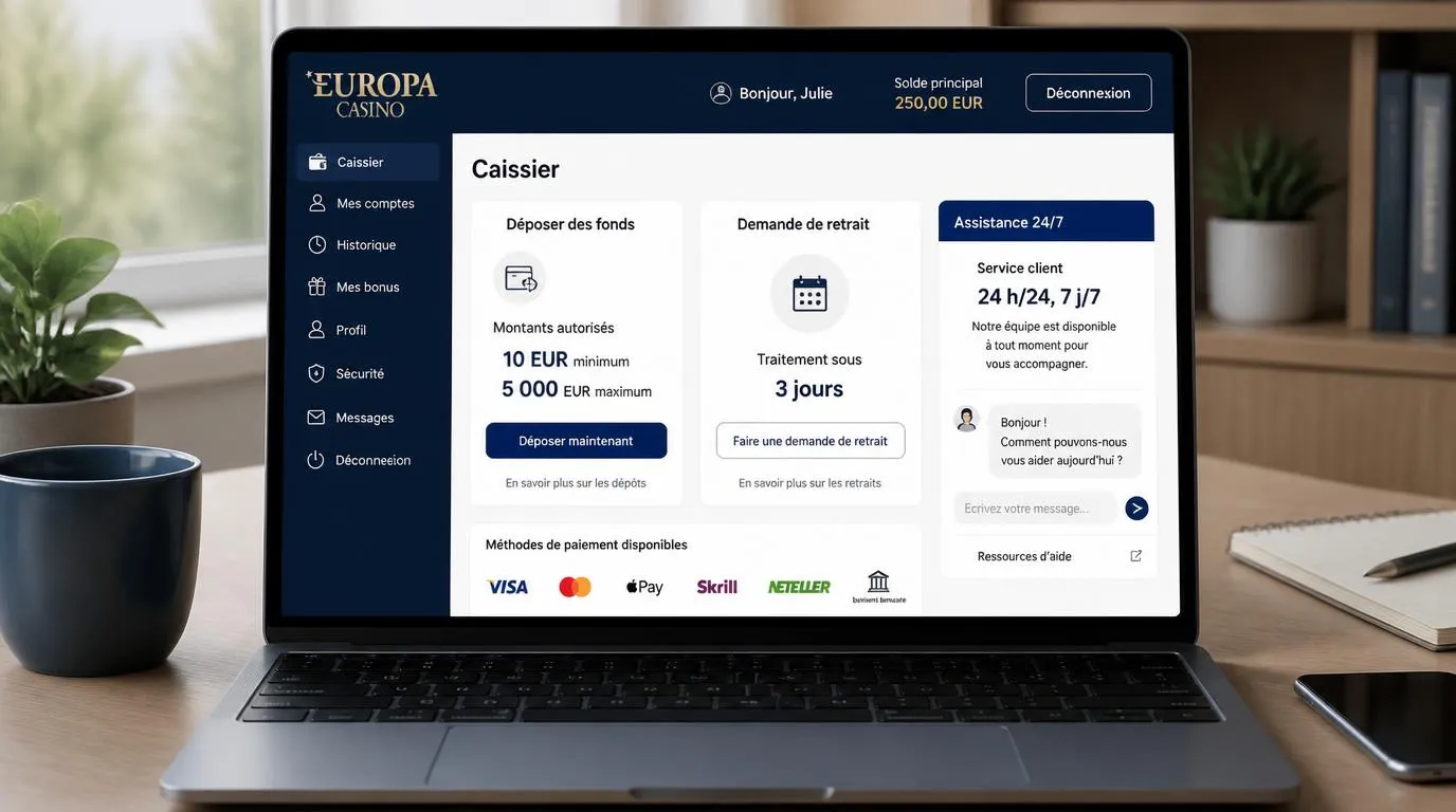 Interface de caisse avec dépÎt de 10 à 5 000 EUR, traitement des retraits sous 3 jours et assistance permanente